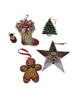 Vintage Christmas Ornaments Set Of 5 - Gingerbread Star Tree Santa & Stocking